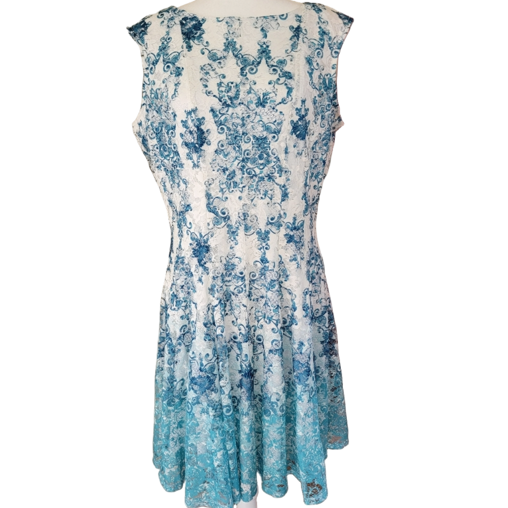 Danny & Nicole Turquoise Blue and White Ombre Lace Sleeveless Dress Size 18 EUC